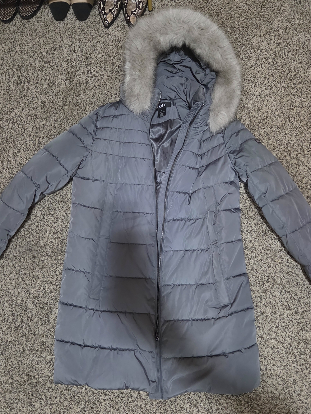 DKNY Gray Long Puffer Coat with Faux Fur Hood